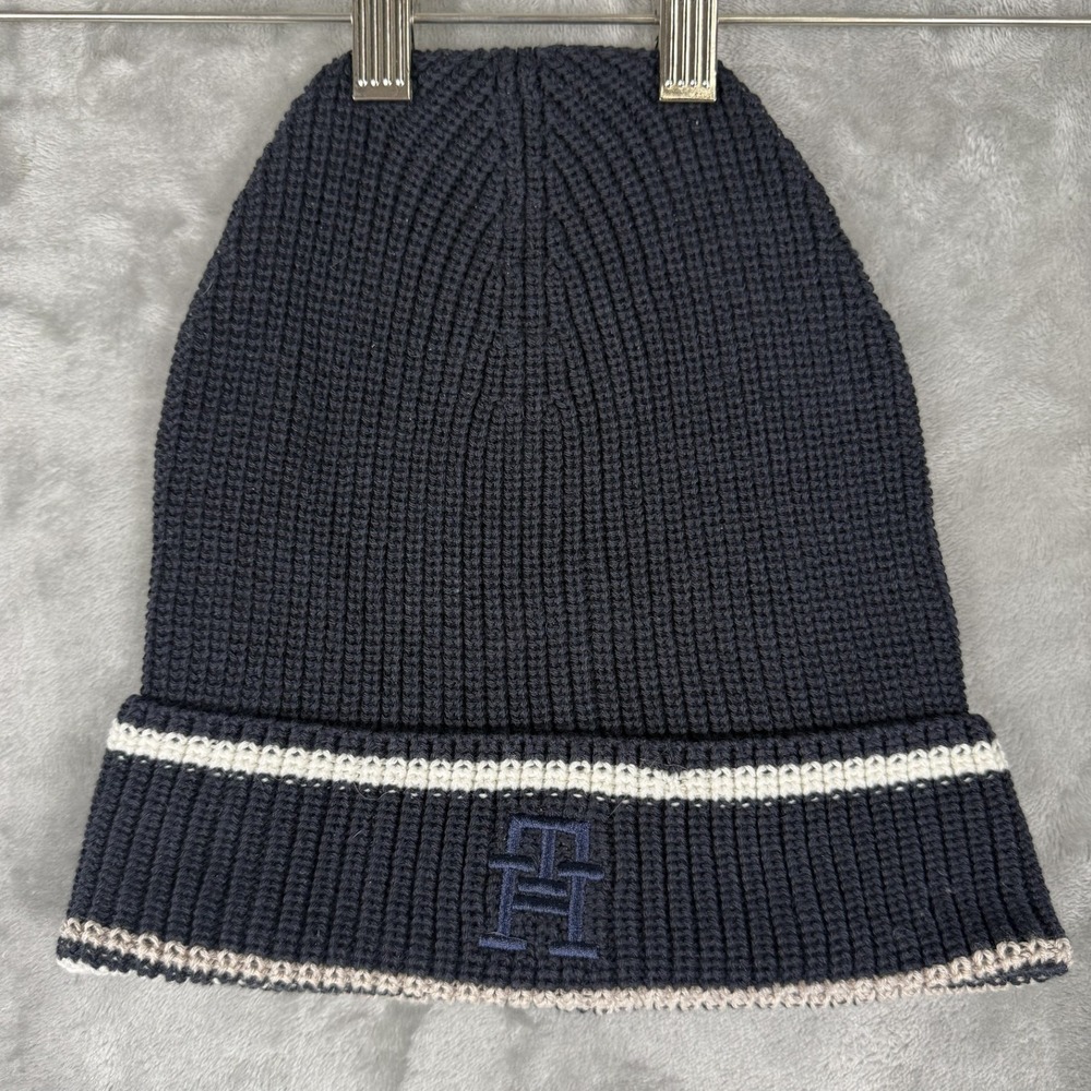 Tommy Hilfiger Beanie Hat Navy Blue White Stripe Embroidered Logo OS
